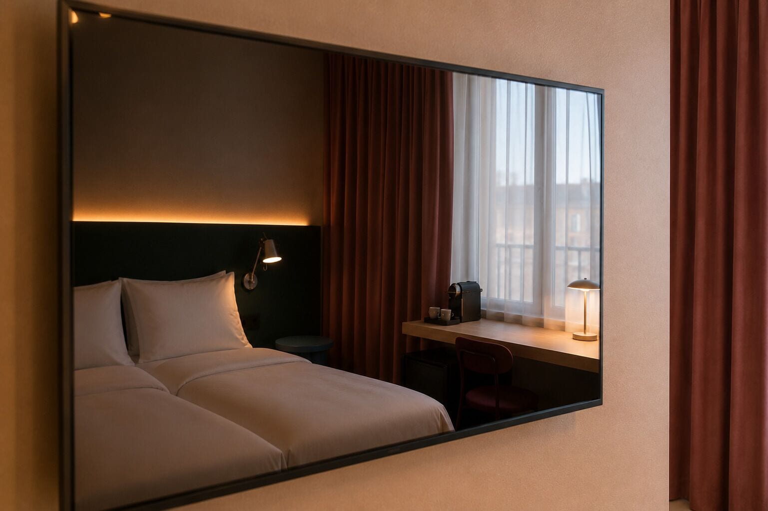 A hotel room with a bed, bedside lamp, desk, chair, and a window with curtains.
