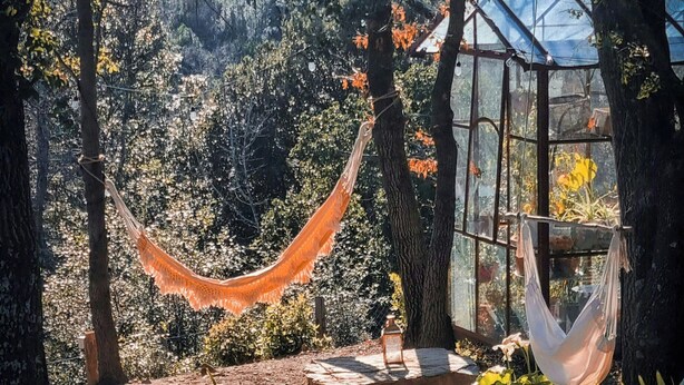 A hammock between trees, a glass greenhouse, and a stone platform with a lantern. - 16th century farmhouse between the Tuscan hills (Monteverdi Marittimo)