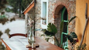 A wooden table with chairs, a vase with flowers, and a stone building in the background. - 16th century farmhouse between the Tuscan hills (Monteverdi Marittimo)