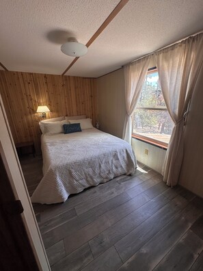 A bedroom with a wooden wall, a bed with a patterned bedspread, a nightstand with a lamp, and a window with curtains. - LAKEVIEW 2-bedroom home overlooking Heron Lake (Los Ojos)