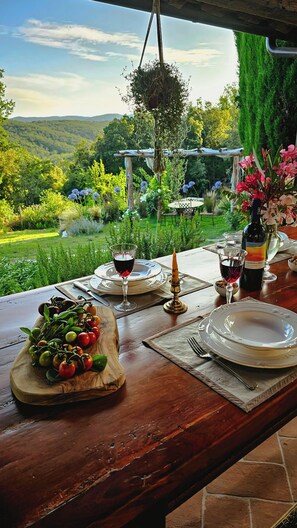 Ein Tisch im Freien mit Blick auf einen üppigen Garten und Hügel.