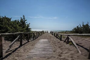 Ein hölzerner Steg führt zu einem Strand unter blauem Himmel.