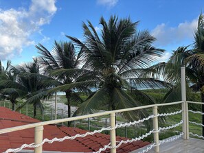 A beachside view with palm trees, a red-roofed structure, and a white rope barrier. - Piratas do Caribe - Casa das Conchas (Tamandaré)