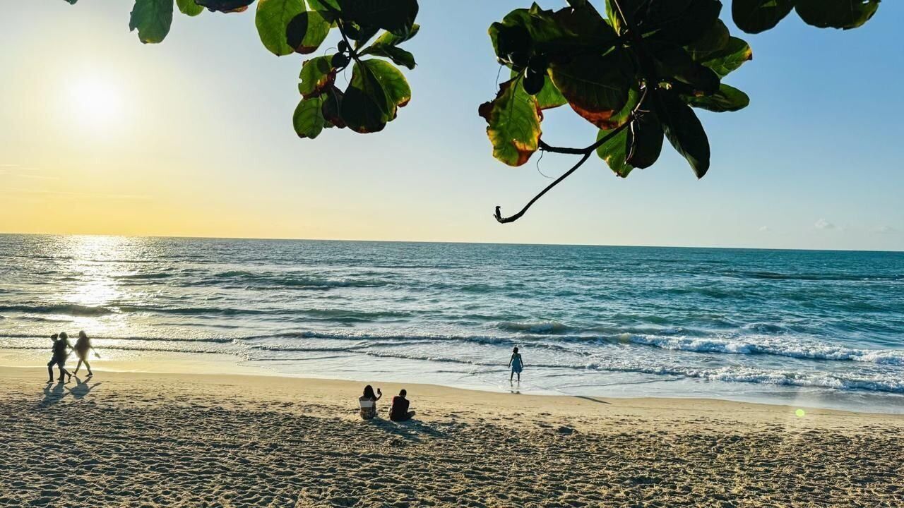 Na praia, areia branca, prática de mergulho livre no local 