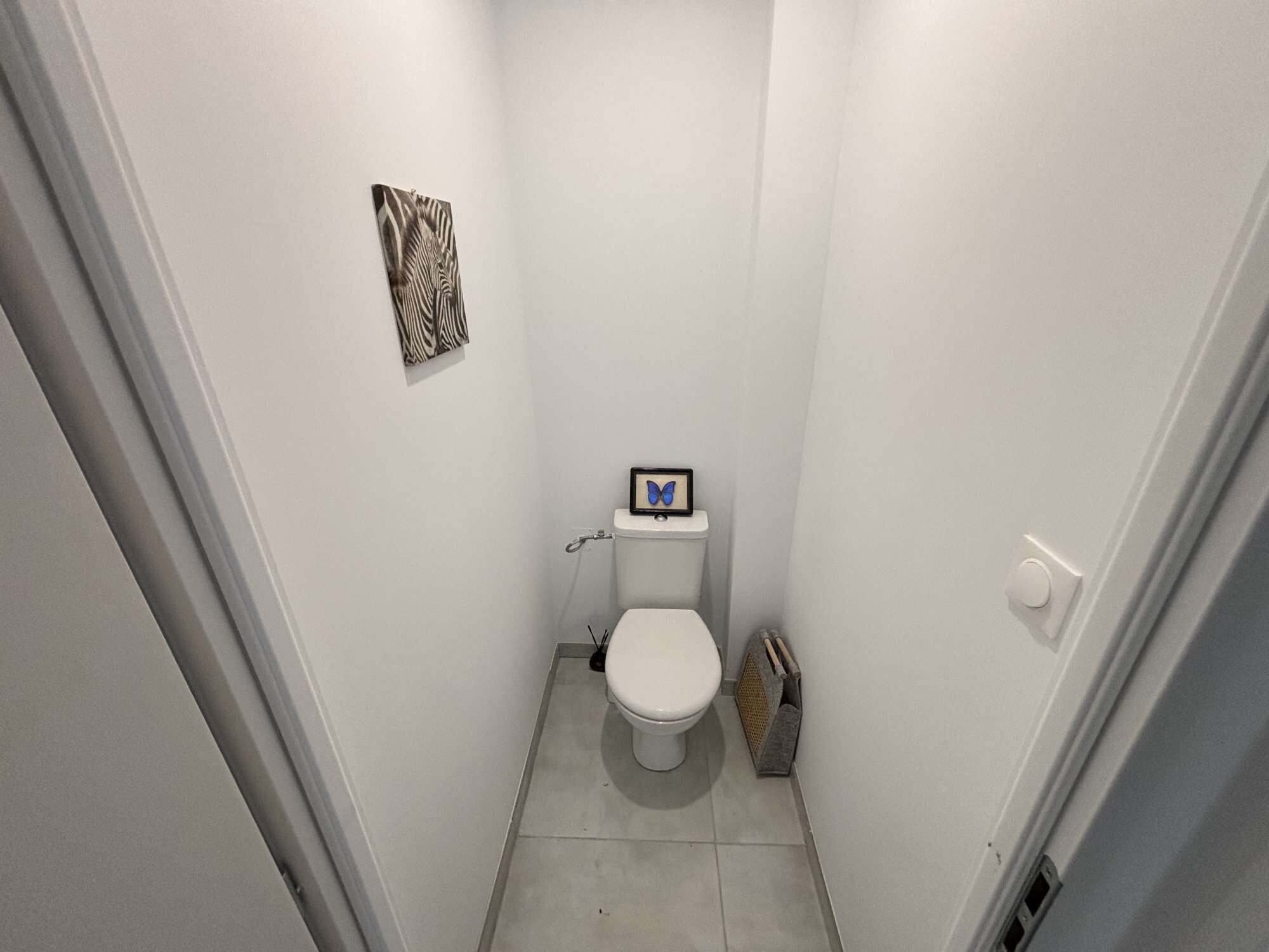 Une petite salle de bain blanche, avec des toilettes, un cadre décoratif représentant un papillon et une œuvre d’art aux motifs zébrés accrochée au mur.