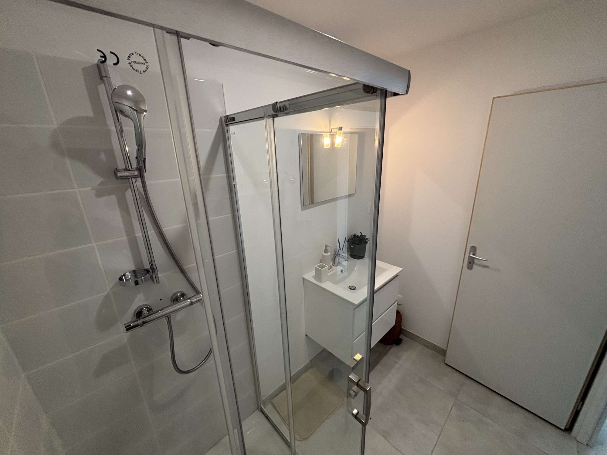 A modern bathroom with a glass-enclosed shower, a white sink, and a mirror.