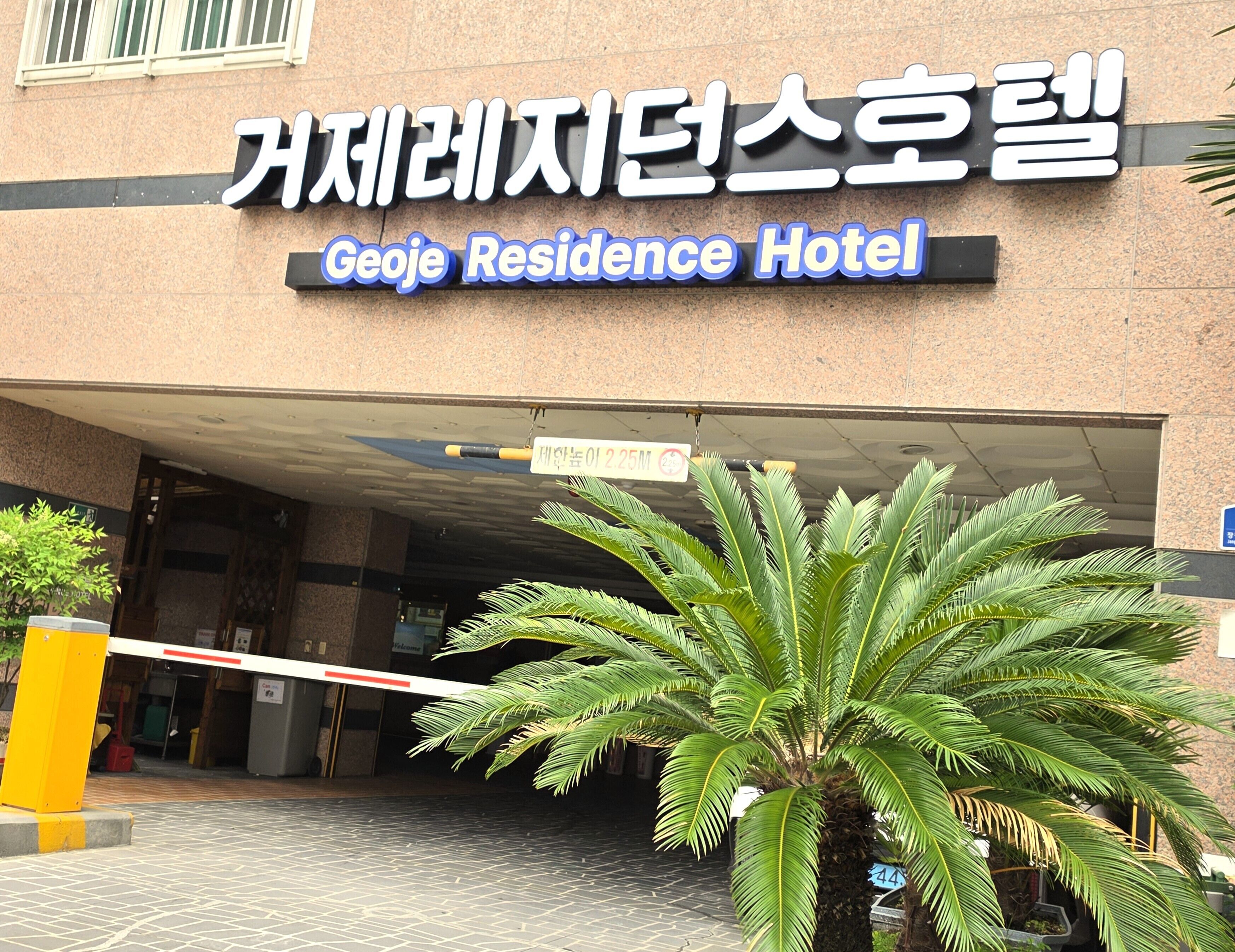The exterior of the Geoje Residence Hotel with a sign in both Korean and English, a palm tree in front, and a gated entrance.