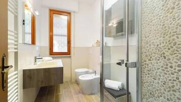 Shower, hair dryer, bidet, towels