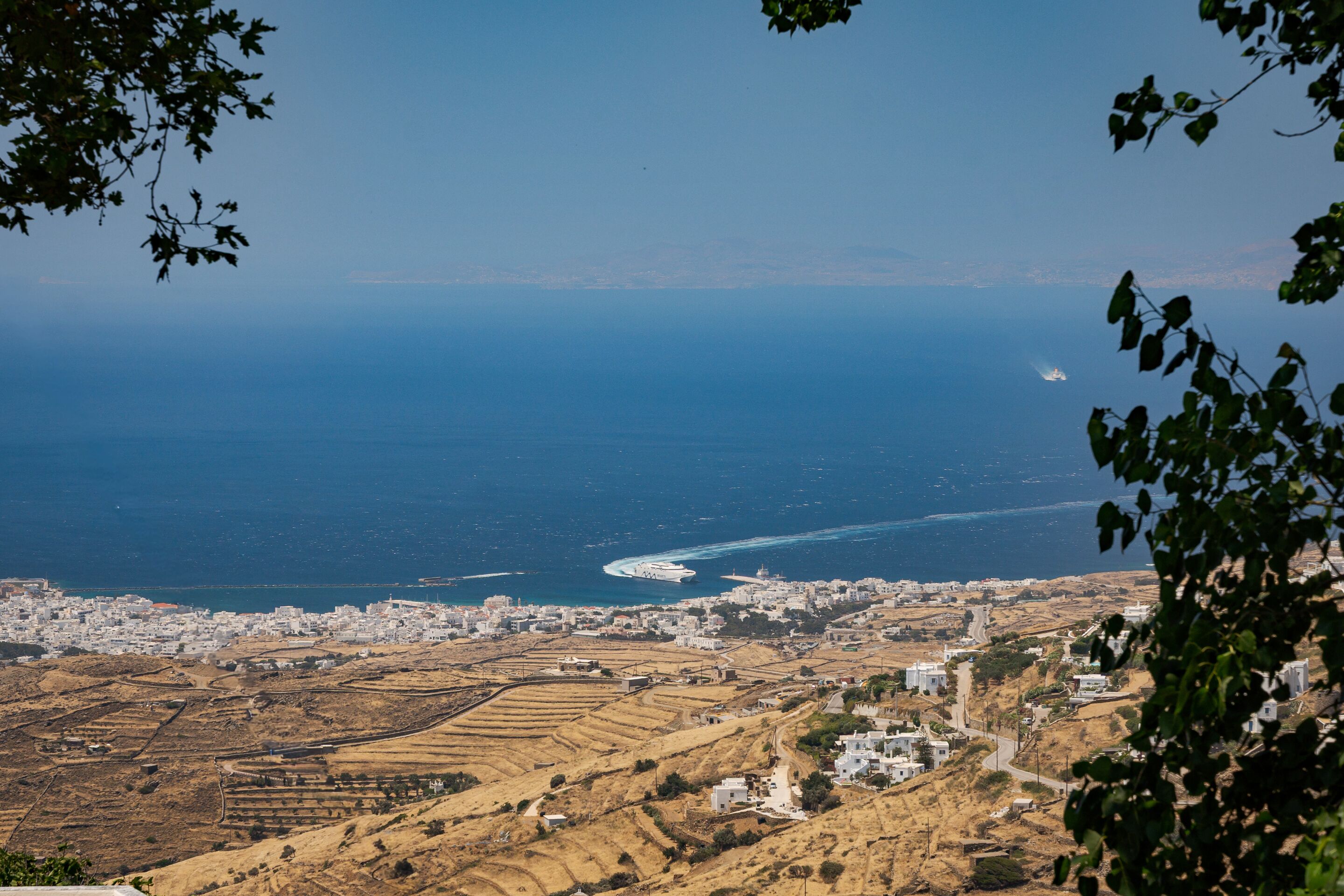 A coastal town with terraced fields, a harbor with ships, and a clear view of the sea.