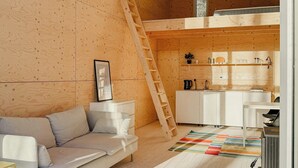 A loft-style room with a wooden interior, a sofa, a ladder, a kitchen area, and a colorful striped rug. - Minimalist cabin with forest views in Arvika (Arvika)