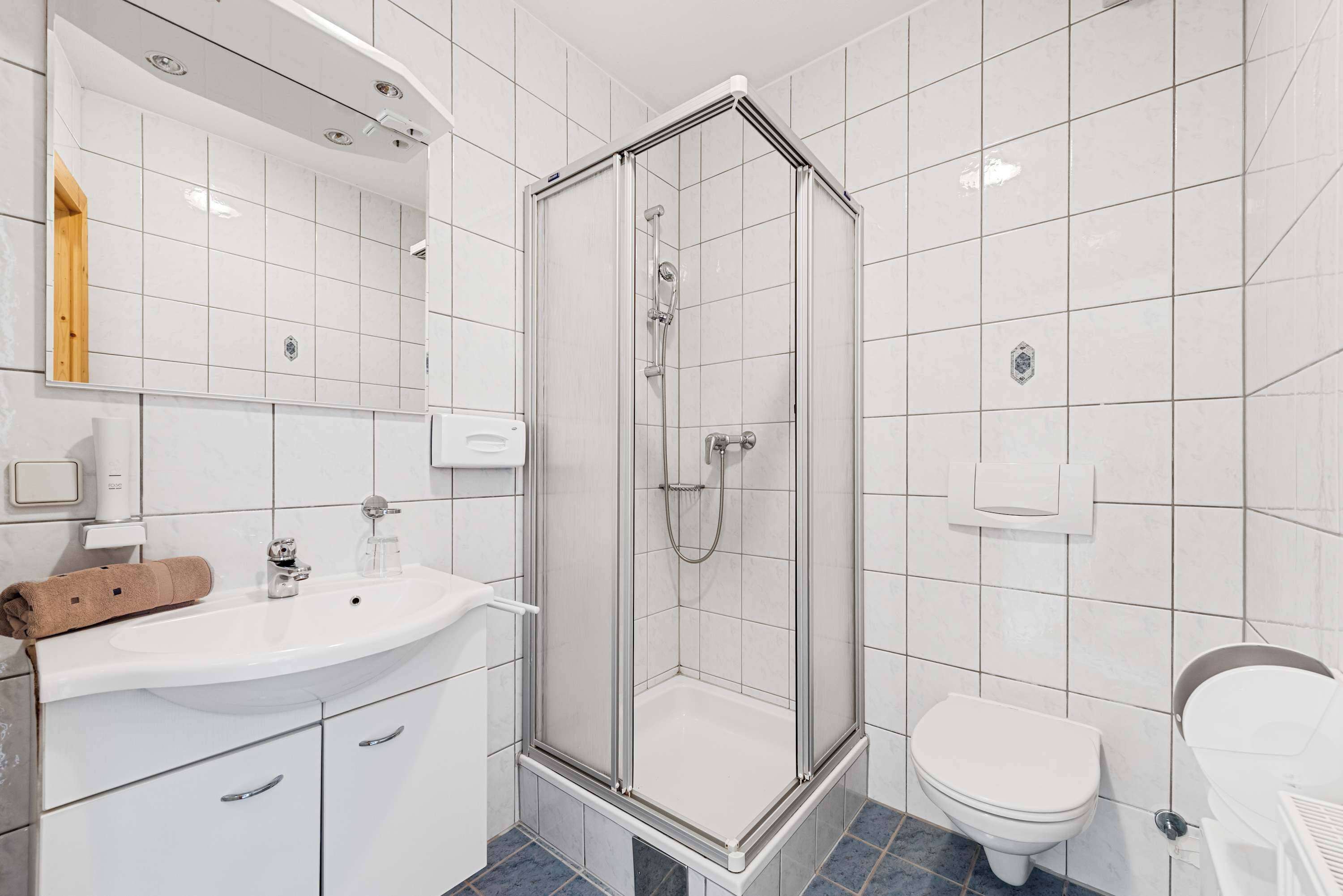 Dusche, Haartrockner, Handtücher, Shampoo