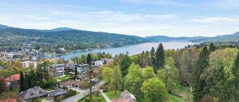 A residential area with houses, a road, and a lake in the background.
