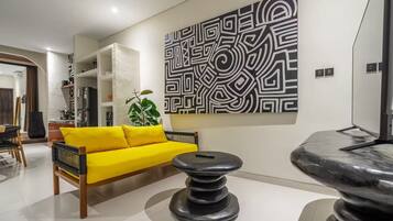 Deluxe Villa, 4 Bedrooms, Private Pool | Living area | 50-inch Smart TV with digital channels