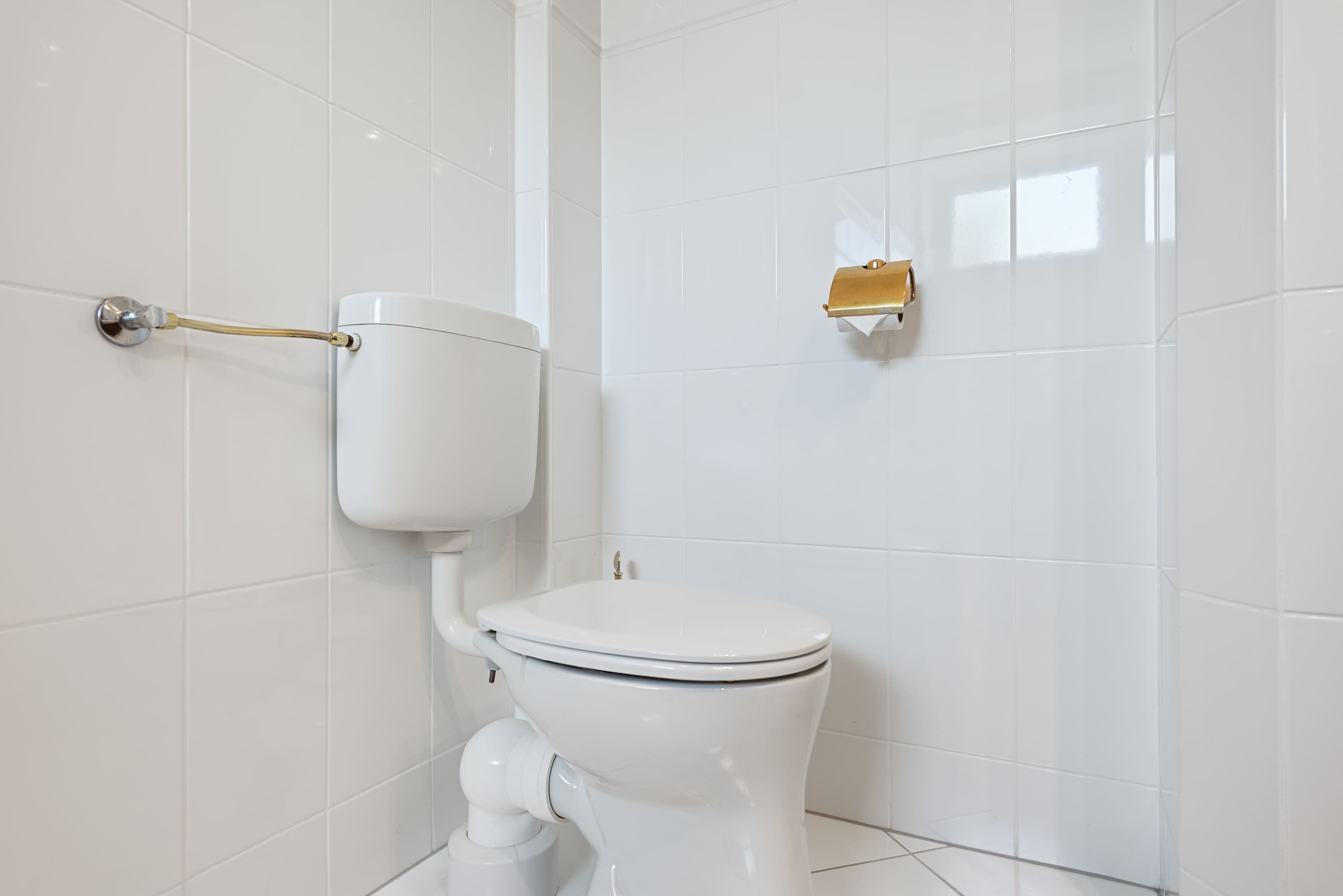 Eine weiße Toilette mit goldener Spülung, einem weißen Toilettenpapierhalter und einer weißen Fliesenwand.