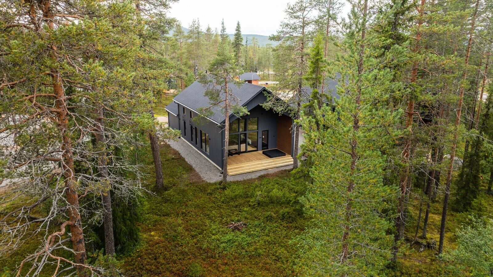 A cabin surrounded by dense forest, with a wooden deck and large windows.
