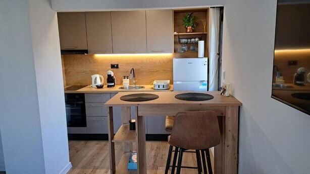 Eine kompakte Küche mit Essbereich, Holzschränken, einem weißen Kühlschrank und einer kleinen Pflanze auf dem Regal.