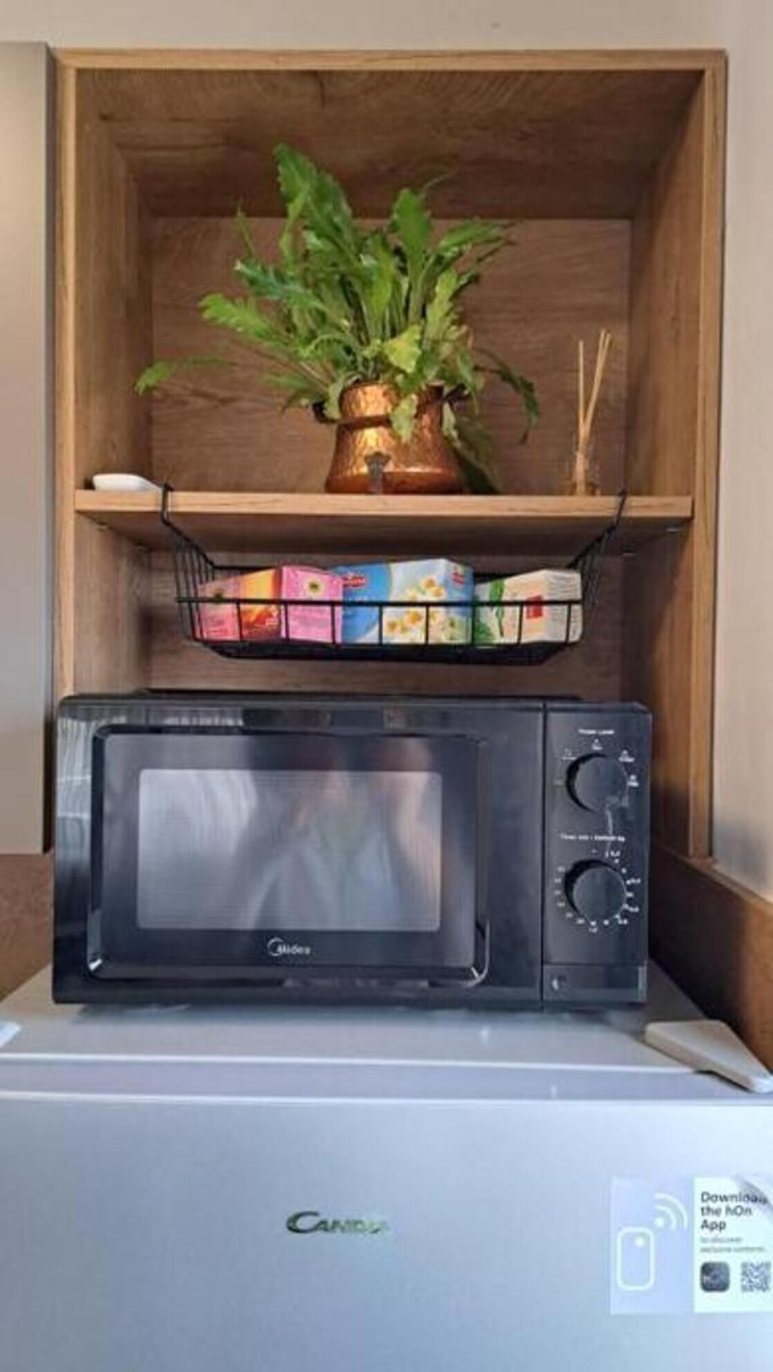 Un four à micro-ondes posé sur une surface blanche, avec une étagère en bois au-dessus, sur laquelle se trouvent une plante en pot et une boîte de mouchoirs.