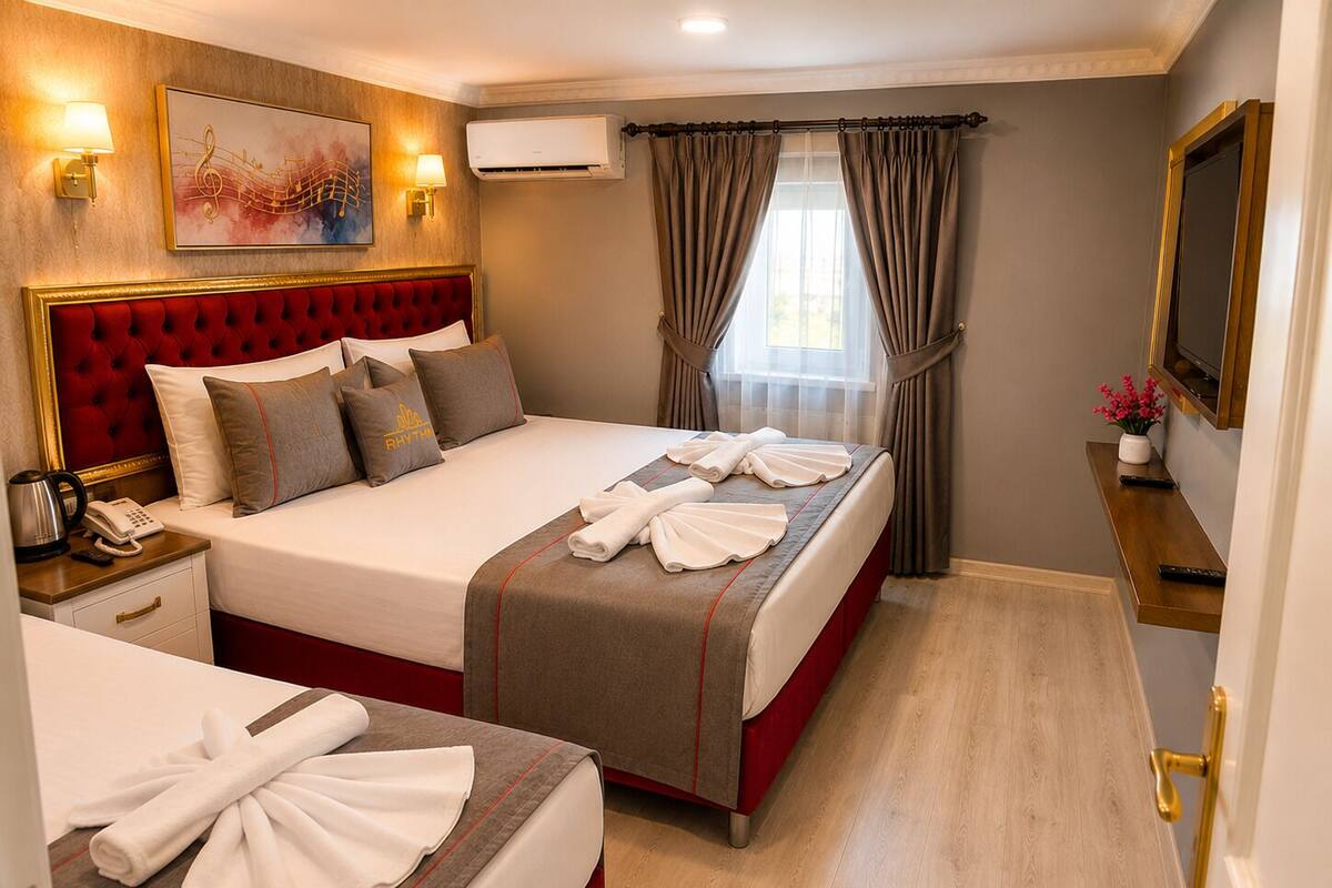 Habitación de hotel con un cabecero tapizado rojo, una cama grande con colcha gris y roja, dos mesitas de noche con teléfono y hervidor, un televisor de pantalla plana sobre un estante de madera, y una ventana con cortinas.