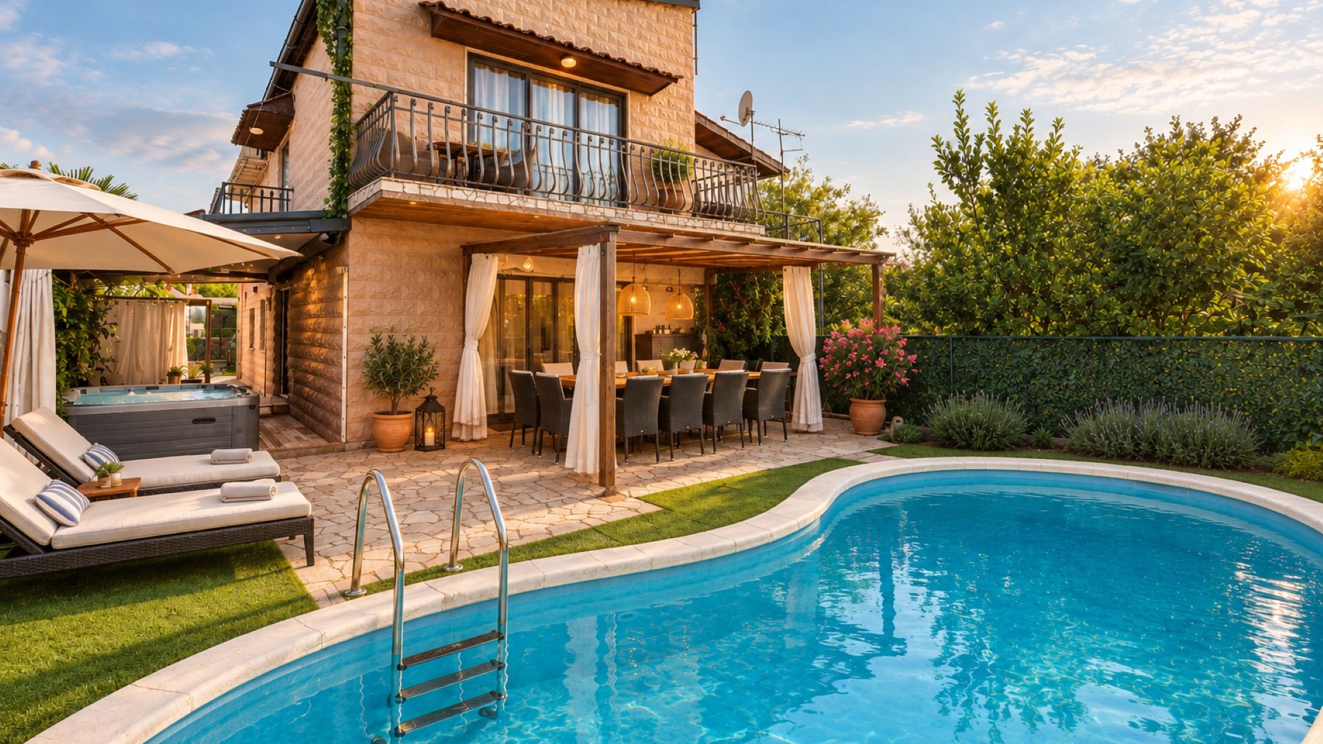 A two-story house with a swimming pool, outdoor seating, and a hot tub.