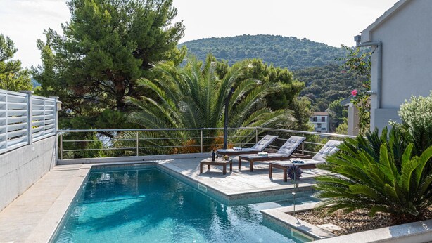 Una piscina con lettini, circondata dal verde e con vista su una collina.