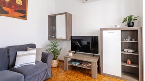 Ein Wohnzimmer mit grauem Sofa, Fernseher, Holzschrank und Pflanze.