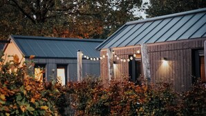 A building with a metal roof, wooden walls, and string lights. - KNUS Veluwe I Cozy design cottage in nature (Epe)