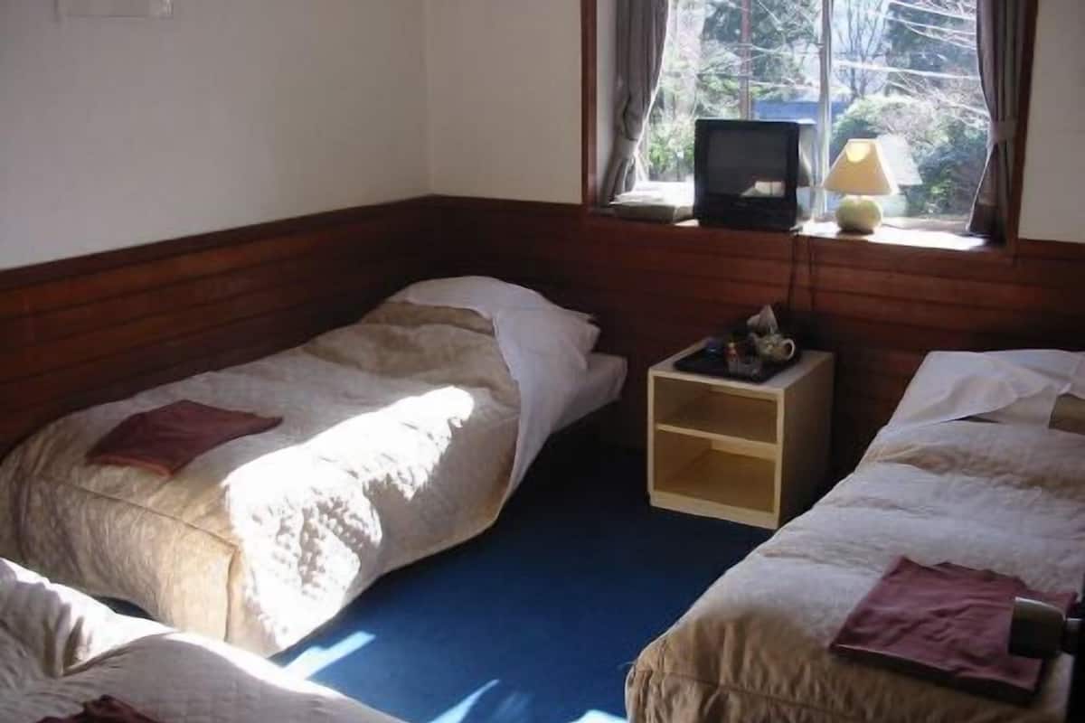 A room with two beds, a television on a stand, and a nightstand with a lamp.