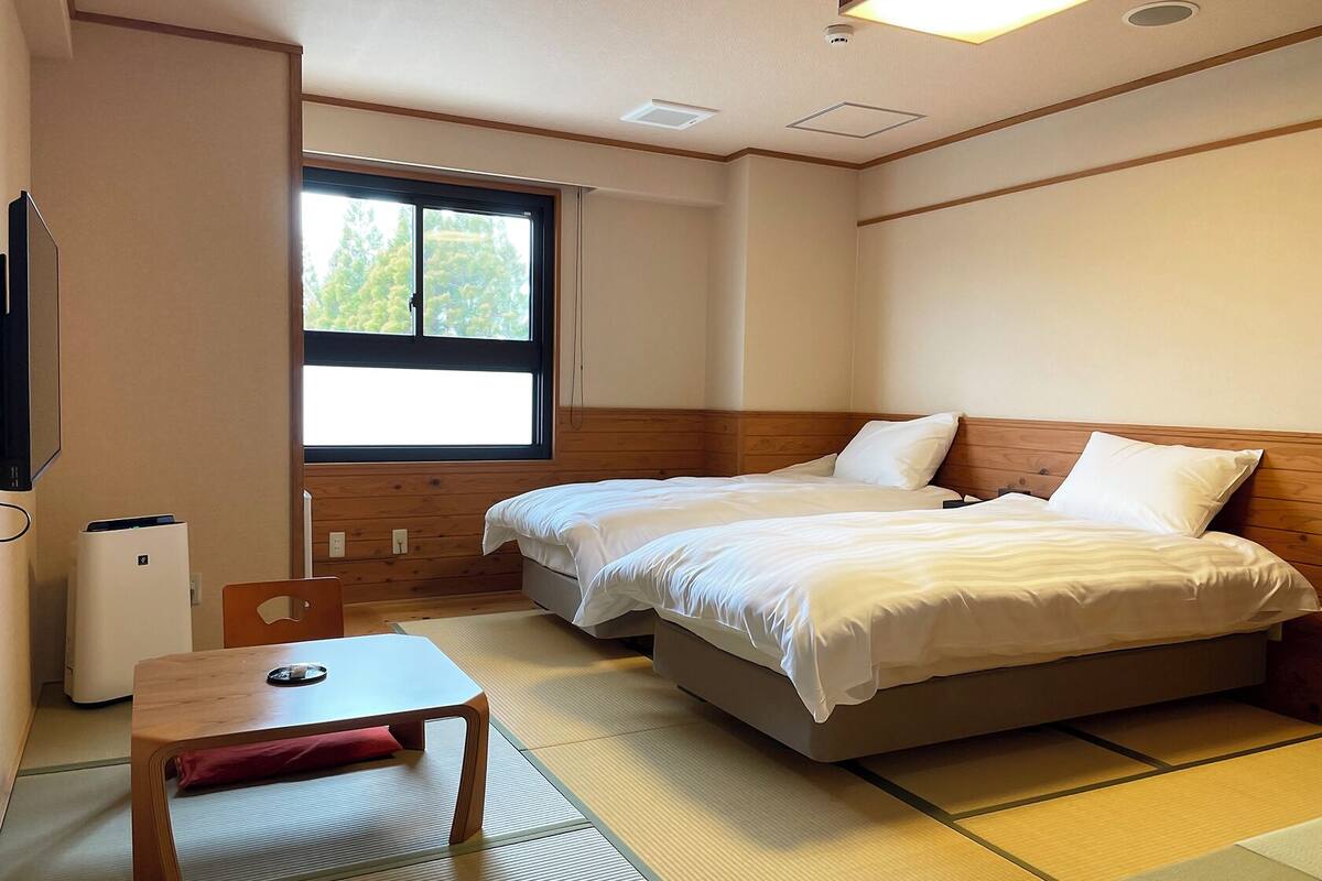 A hotel room with two beds, a TV, a heater, and a window with a view of trees.