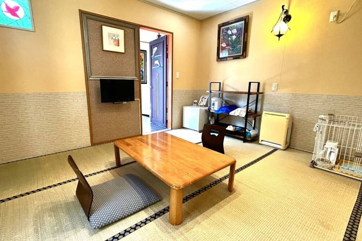 A room with tatami flooring, a wooden table, a television, a radiator, and a birdcage.