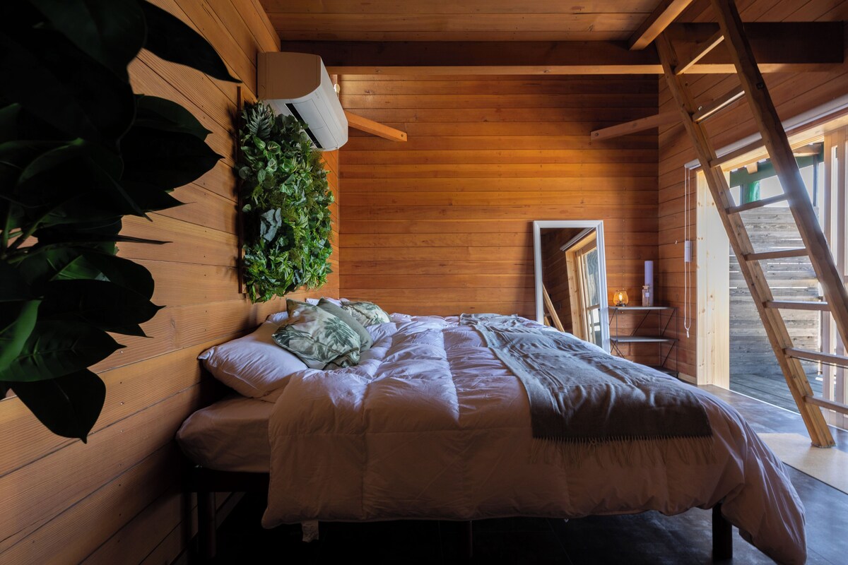 Camera da letto in una baita di legno con un letto, un condizionatore d'aria a parete, una scala e una pianta grande.