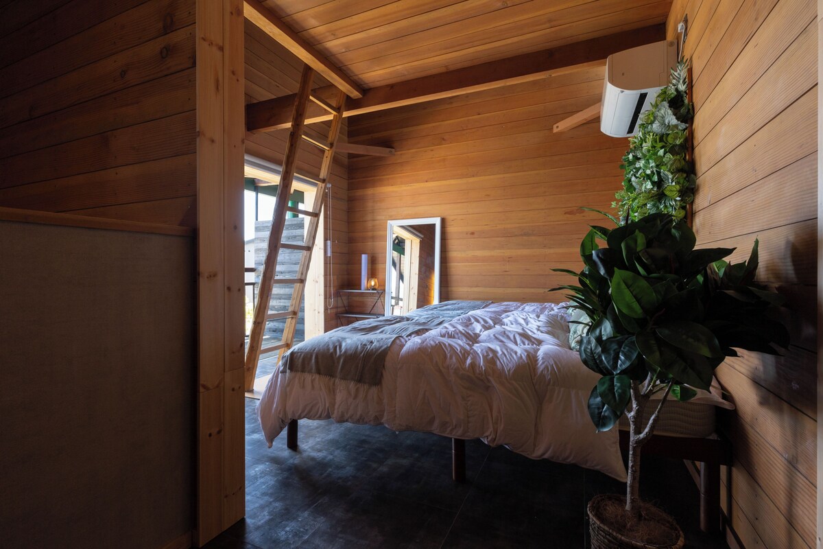 Una stanza in legno con un letto, una scala, un condizionatore d'aria a muro e una pianta in vaso.