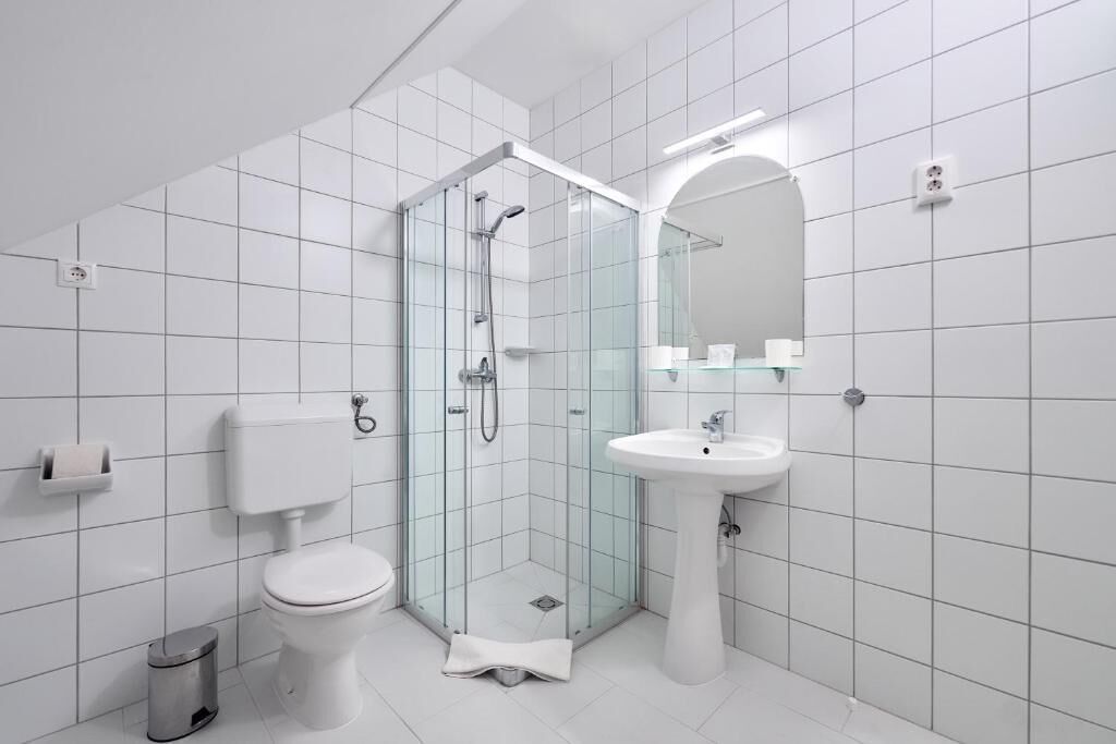 A modern bathroom with a glass shower enclosure, a toilet, a sink, and a mirror.