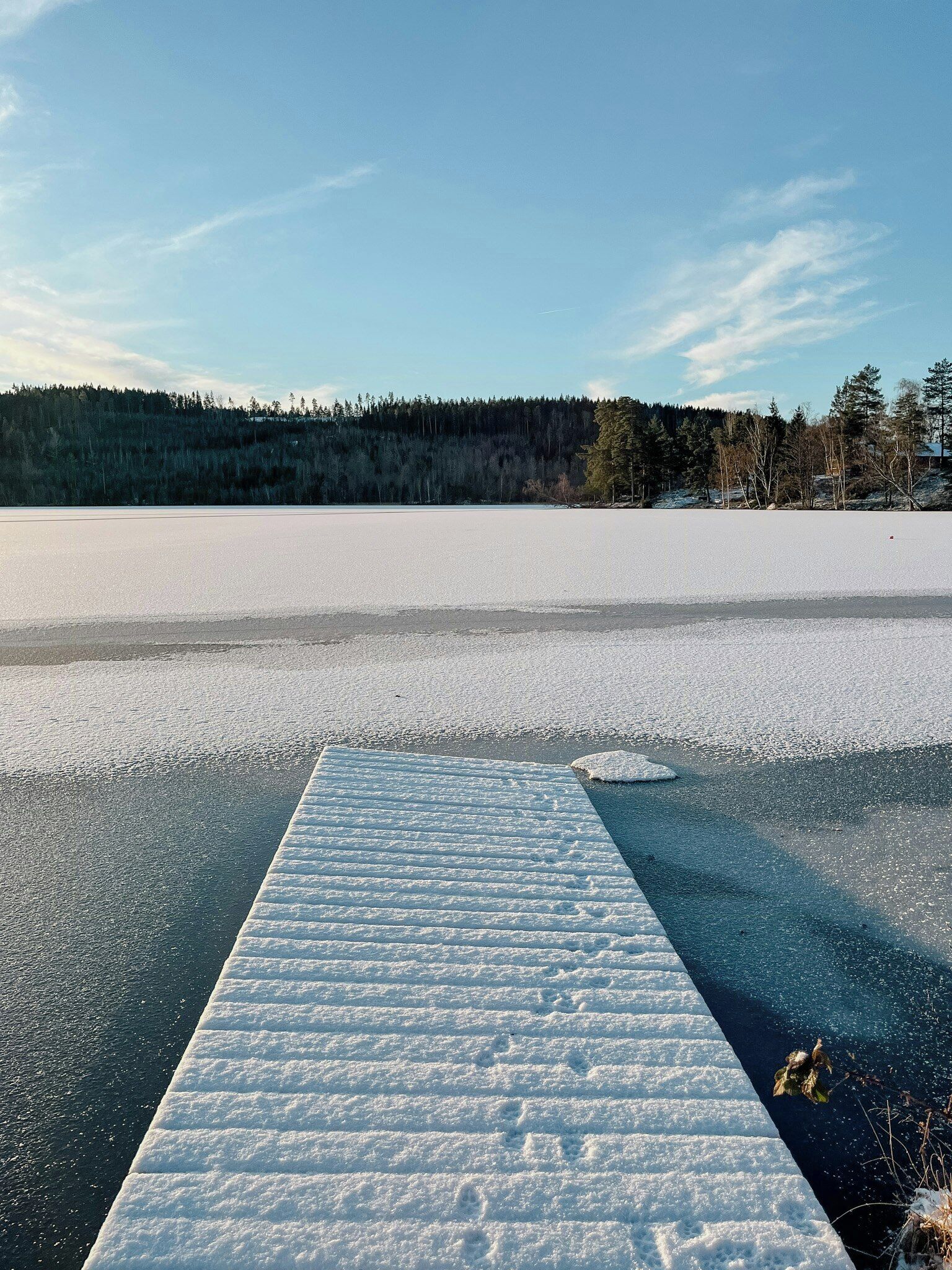 Un lac gelé, avec un ciel dégagé et une colline boisée en arrière-plan.