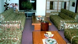 Una sala de estar con dos sofás estampados, una mesa de centro de madera, un televisor y un tradicional divisor japonés corredero.