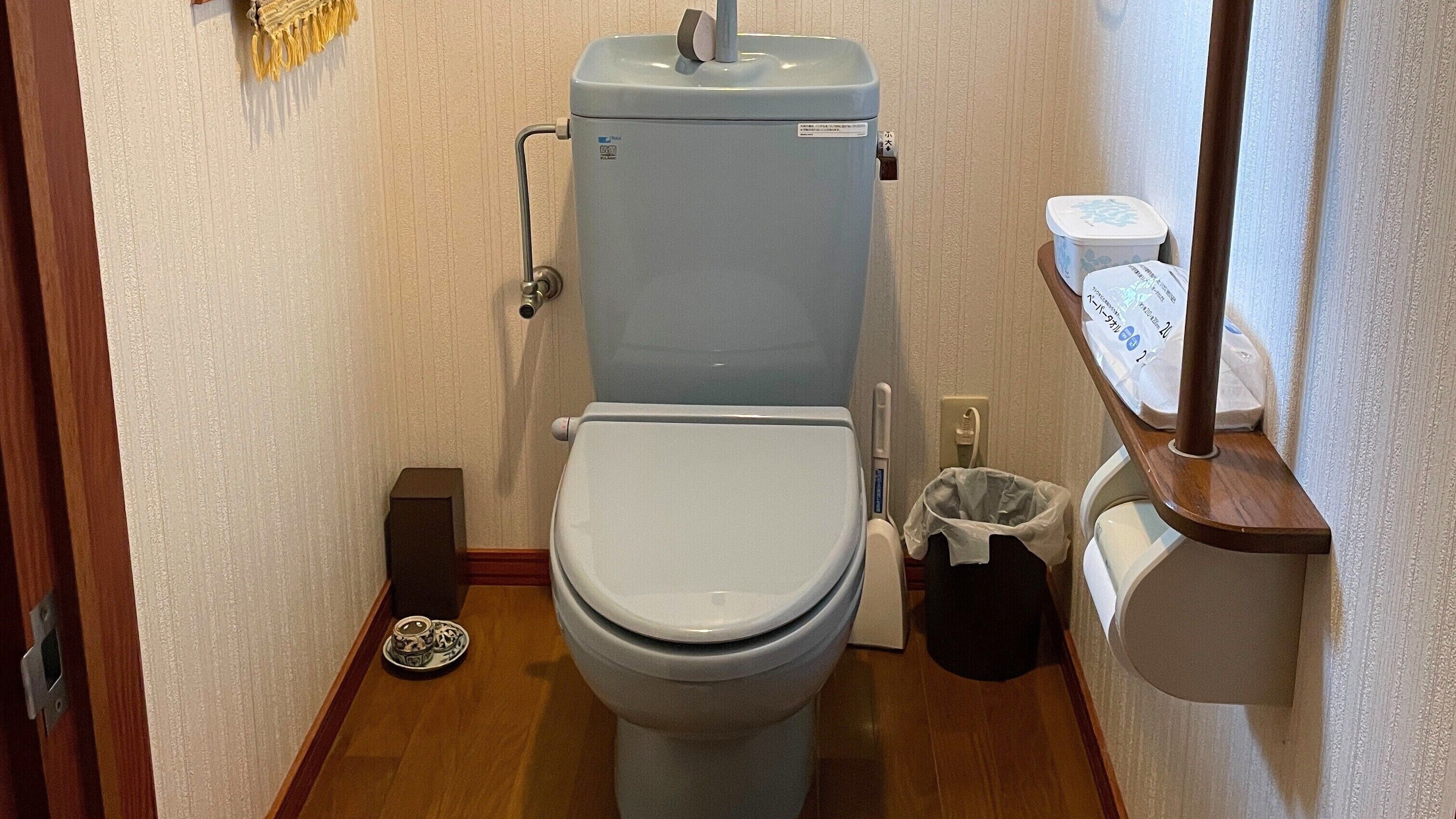 A bathroom with a toilet, a trash bin, a small shelf with toiletries, and a wooden floor.