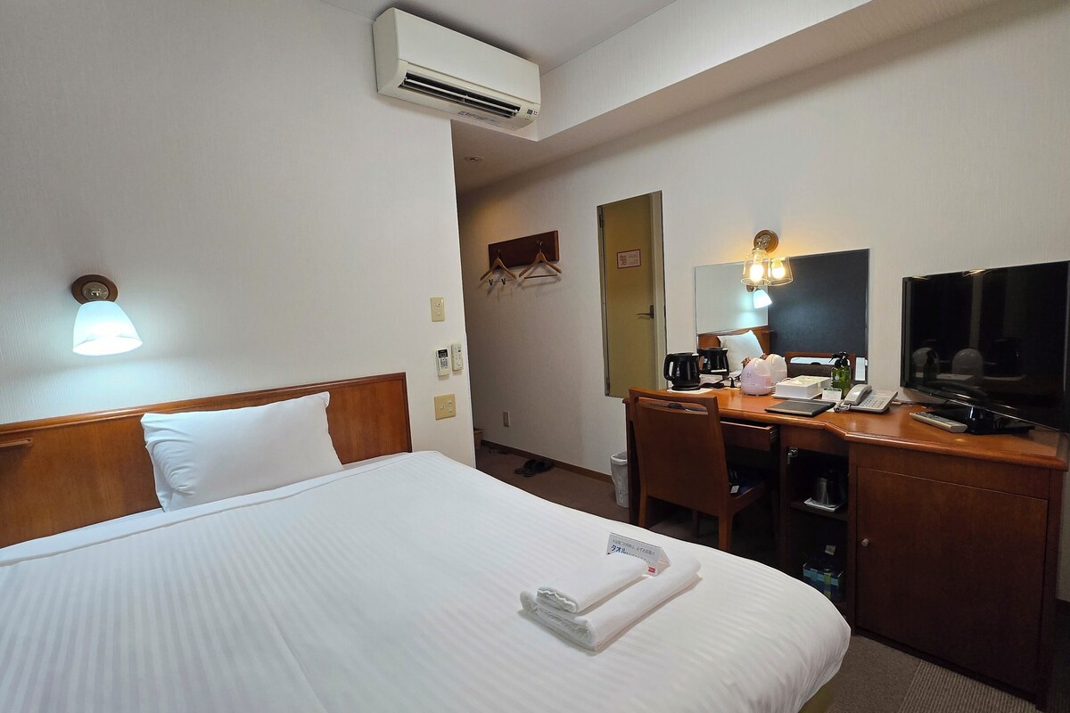 A hotel room with a bed, a desk with a chair, a television, and a mirror.