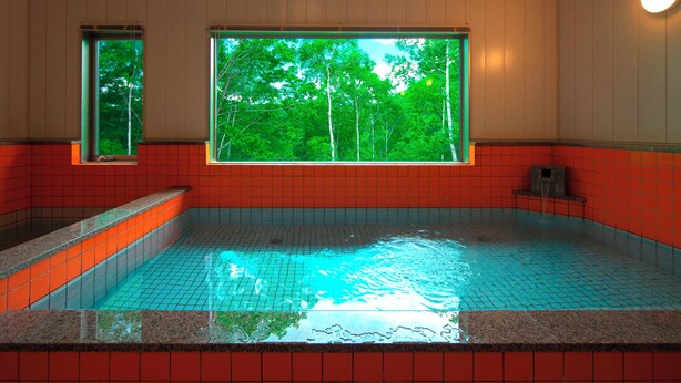 Ein Schwimmbecken mit gefliesten Wänden und einem Fenster mit Blick auf Bäume.