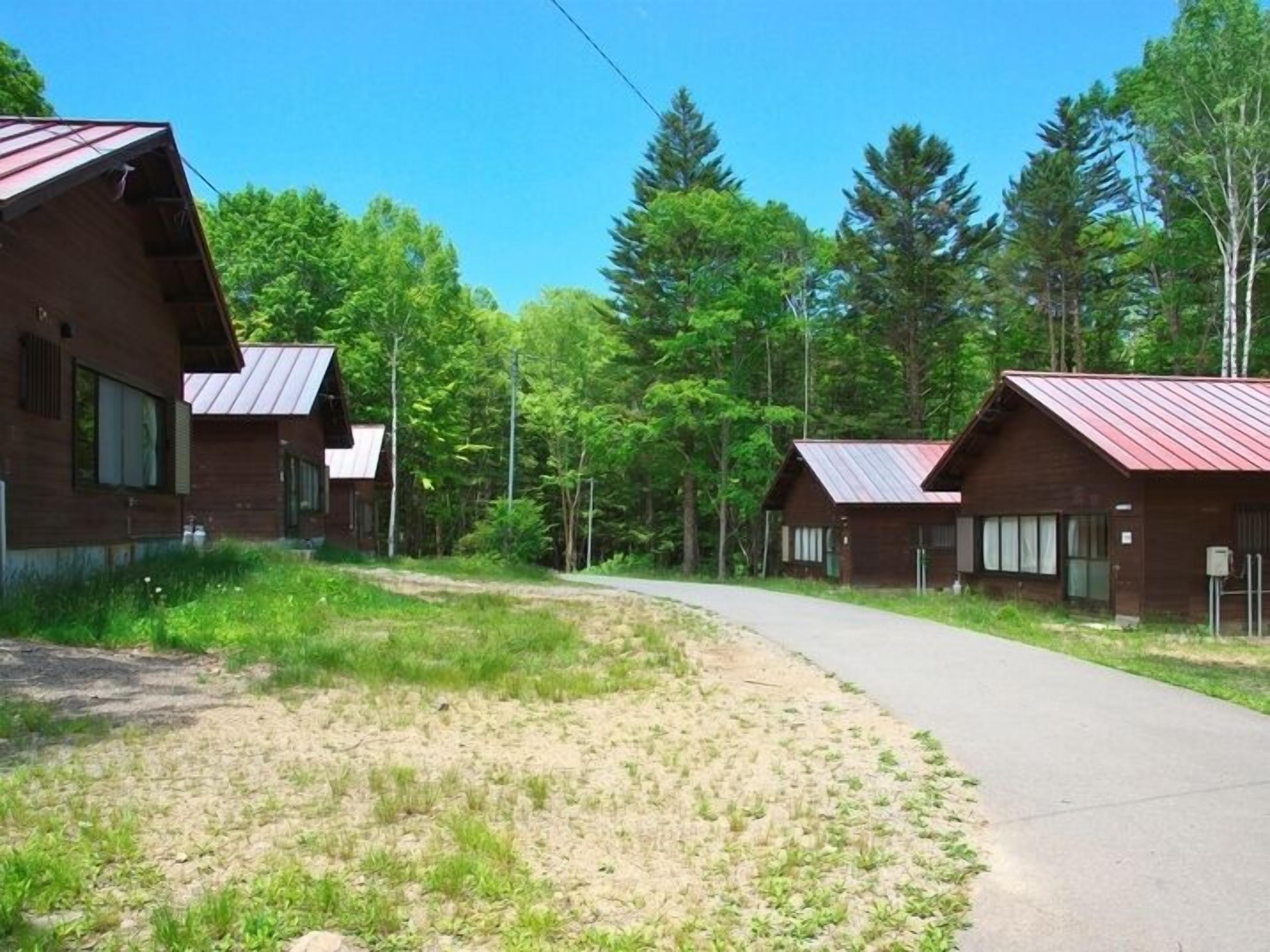 A row of cabins with metal roofs, surrounded by dense forest.