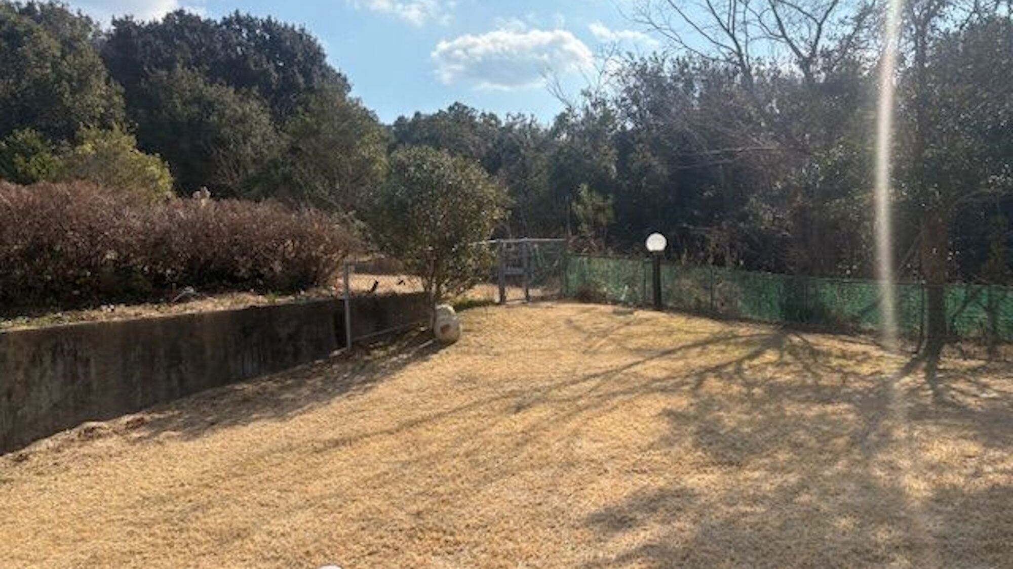 A dry, grassy area with a fence, trees, and a lamp post.