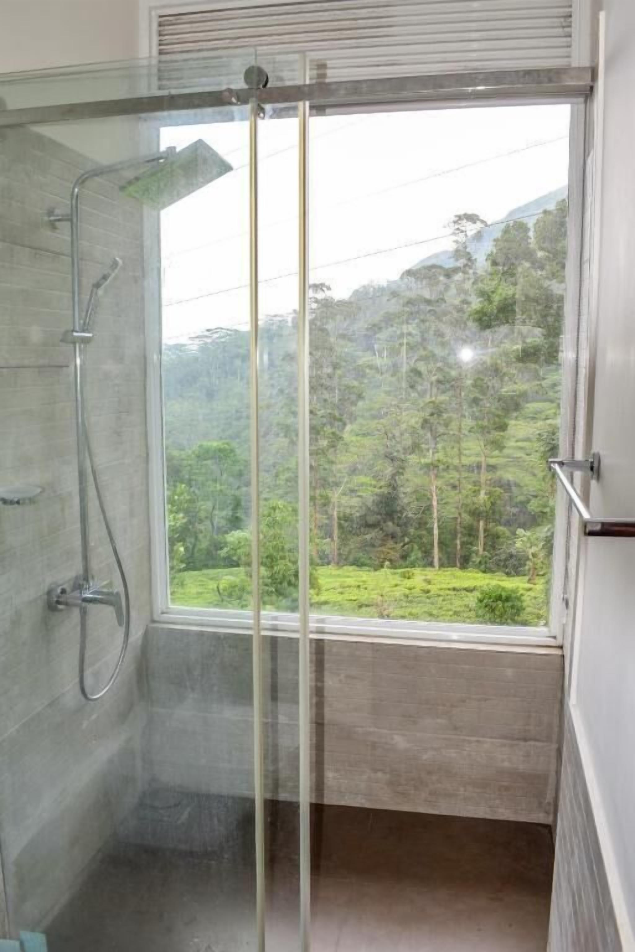 Une douche avec une porte en verre, une fenêtre et une vue sur un paysage verdoyant.