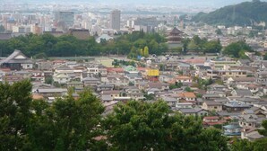 A densely packed urban area with traditional and modern buildings, surrounded by greenery and mountains. - Ikaho Bekkan (Nagano)