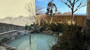 A stone pool with a metal railing, surrounded by rocks and vegetation, with a wooden fence and a tree in the background.