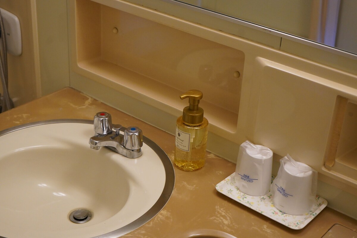 A bathroom sink with a faucet, a soap dispenser, and two rolls of toilet paper on a tray.