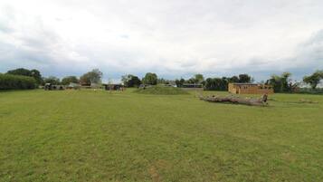 A grassy field with a small building and a large log.