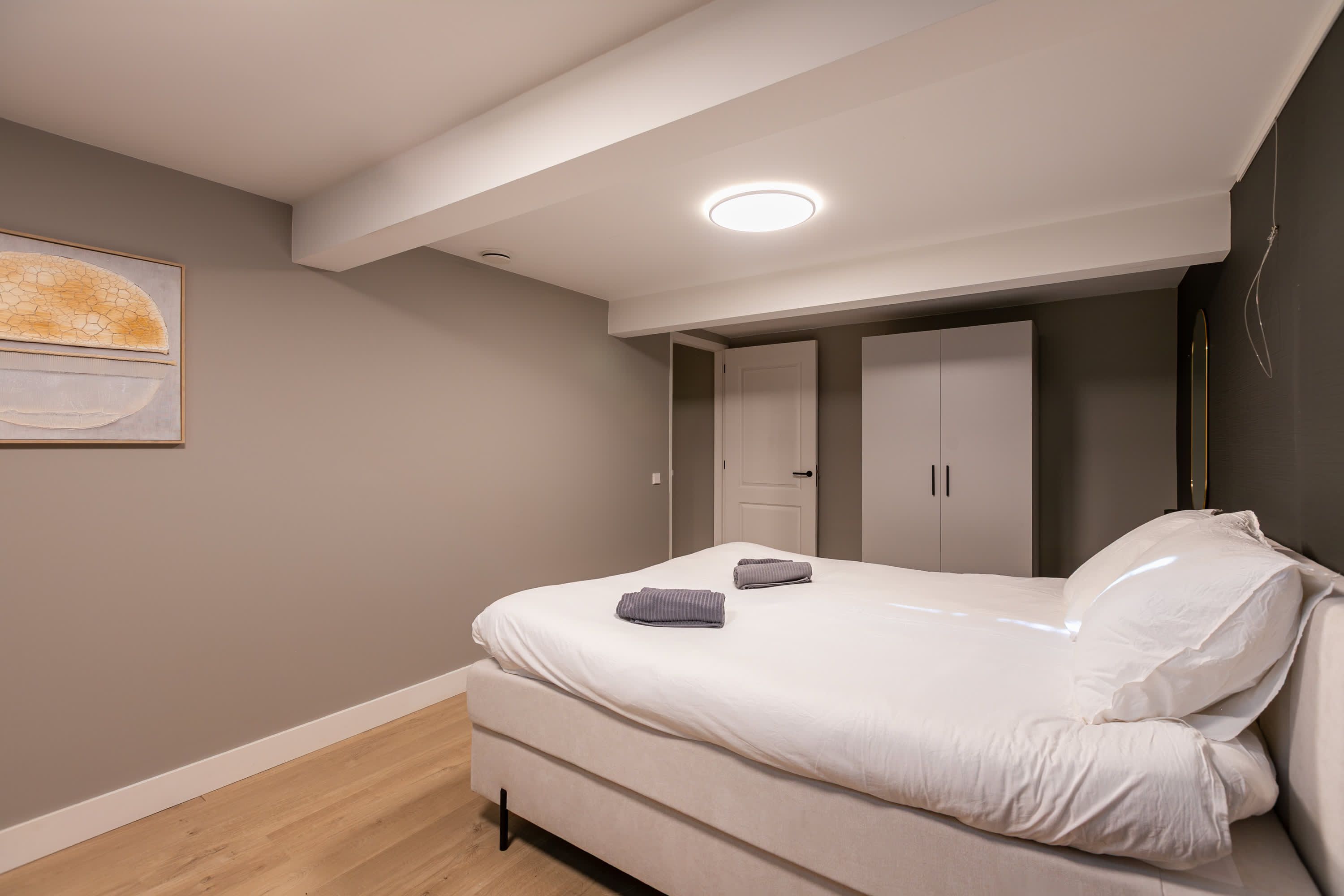 Een moderne slaapkamer met een bed, een plafondlamp en een deur.