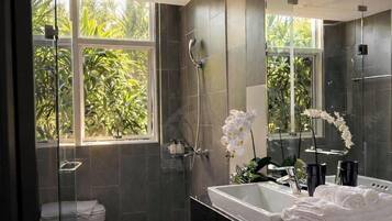 A modern bathroom with a glass shower enclosure, a large mirror, and a bathtub.