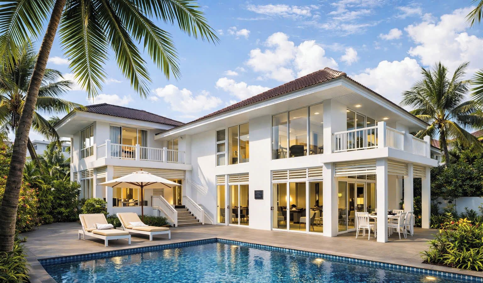 Villa, 4 habitaciones, alberca privada, vista parcial al mar | Escritorio y ropa de cama 