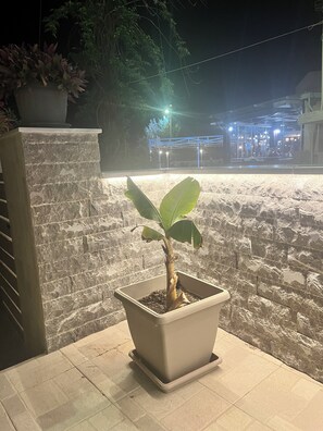 Ein Blumentopf auf einer gefliesten Fläche in der Nähe einer Steinmauer.