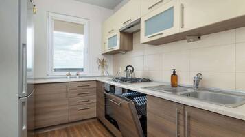 A modern kitchen with built-in appliances, a dishwasher, and a window.