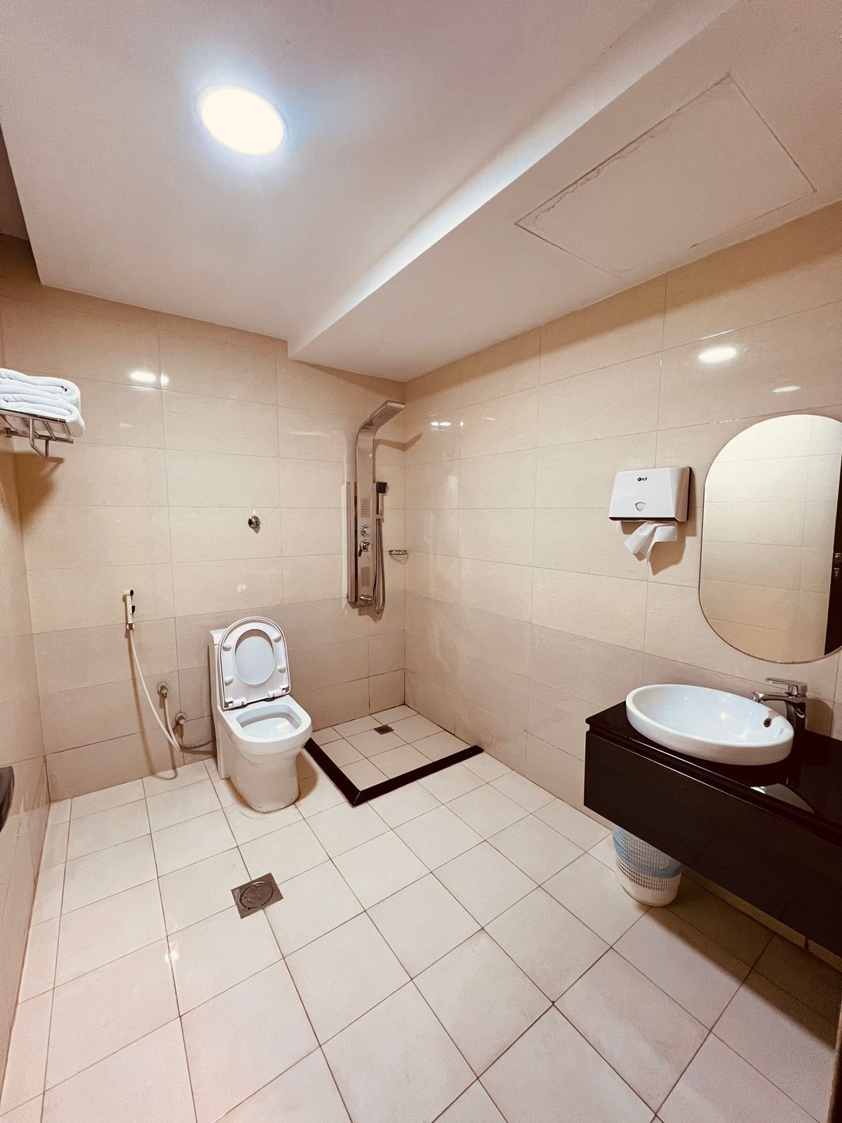 A modern bathroom with a toilet, shower, sink, and a towel rack.